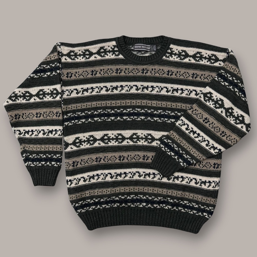 David Taylor Mens Large Green Fair Isle Geometric Knit Crewneck Sweater USA 90s